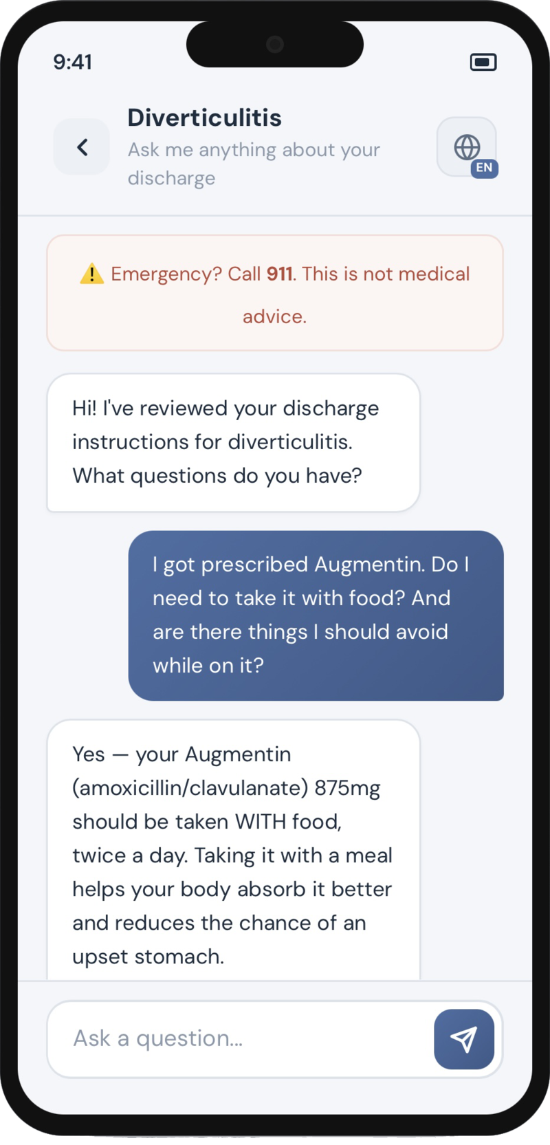 MyDischarge chat conversation
