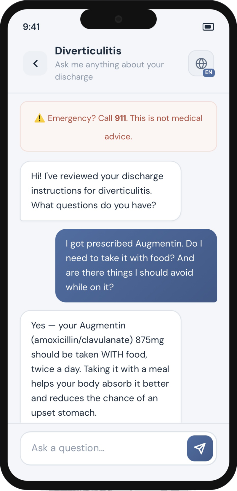 MyDischarge chat conversation